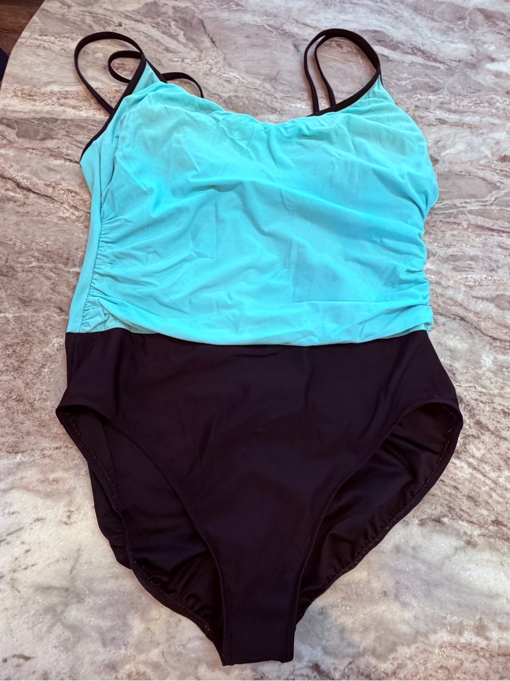 Cherokee Size 18 Aqua Black One Piece Swimsuit Ruched Tummy Control